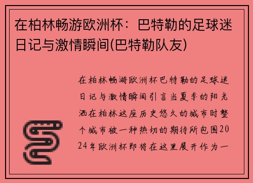 在柏林畅游欧洲杯：巴特勒的足球迷日记与激情瞬间(巴特勒队友)