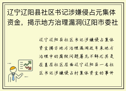 辽宁辽阳县社区书记涉嫌侵占元集体资金，揭示地方治理漏洞(辽阳市委社区)